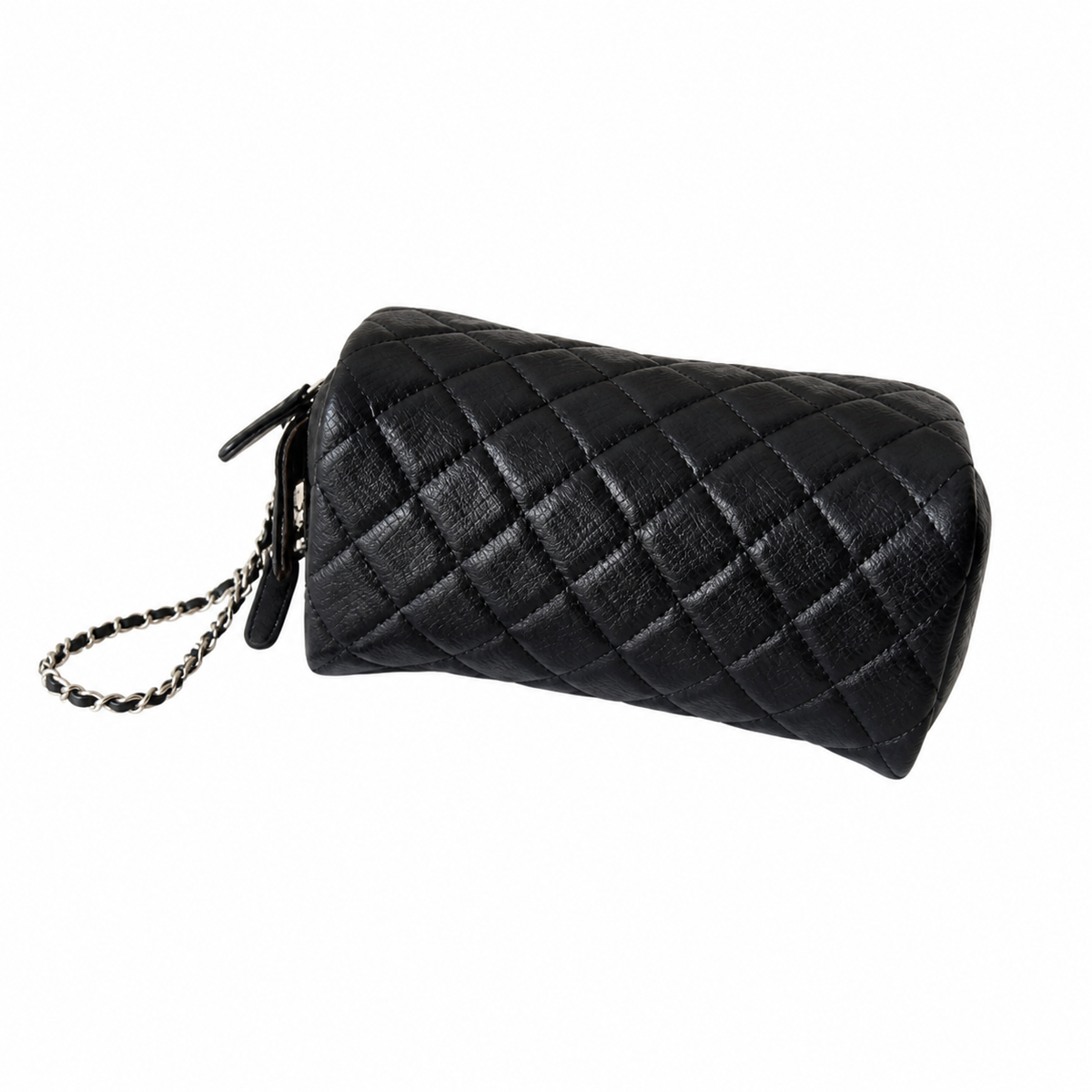 Chanel Black Lambskin Quilted Dome Demi-Lune Cosmetic Clutch Gold Zipper Silver Chain Wrist Strap Made in Italy 18cm
