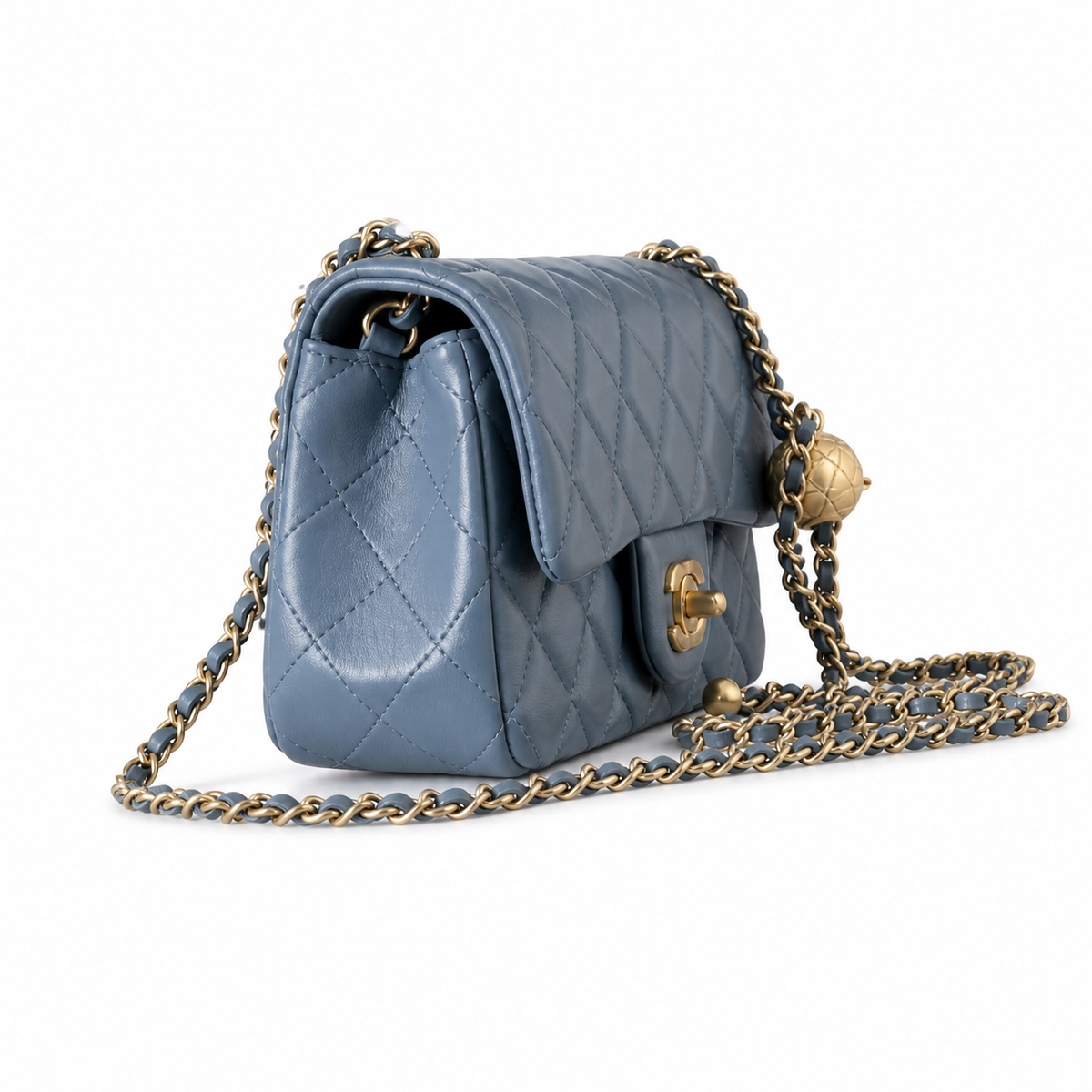 Chanel Pearl Crush Mini Rectangle Flap Bag Denim Blue Lambskin Gold Pearl Chain 20cm