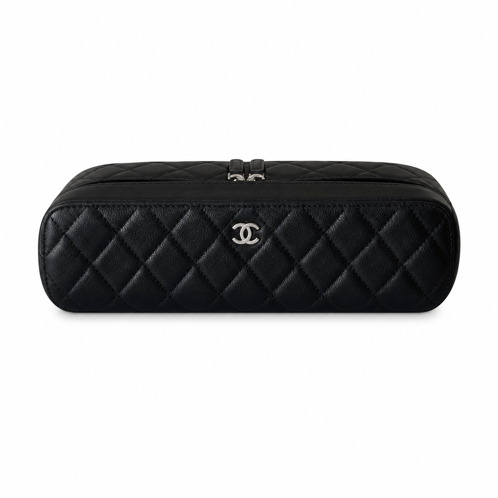 Chanel Black Caviar Quilted Elongated Long Vanity Case Silver CC Logo Double Zipper Silver Hardware 26cm