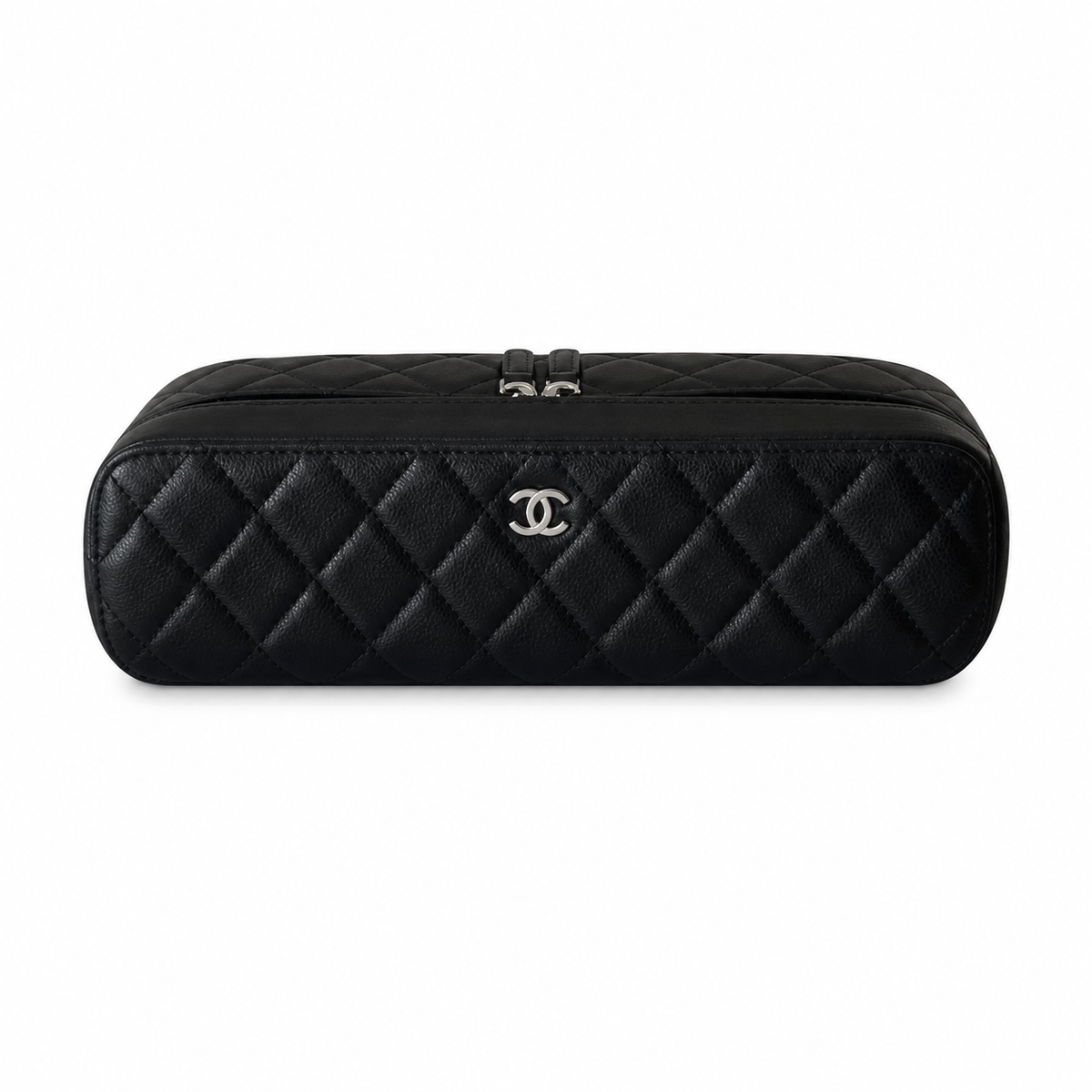 Chanel Black Caviar Quilted Elongated Long Vanity Case Silver CC Logo Double Zipper Silver Hardware 26cm