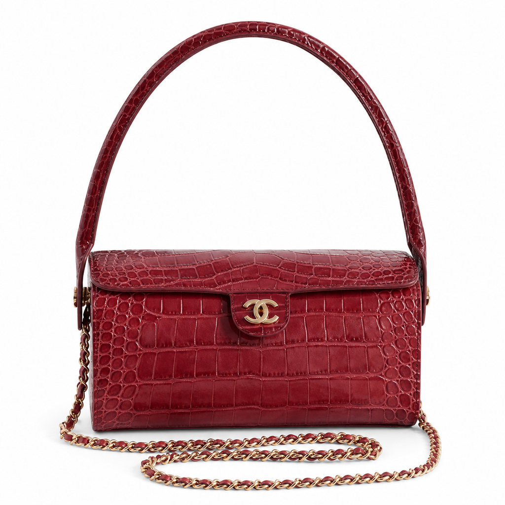 Chanel Deep Red Croc-Embossed Leather Box Flap Crossbody Bag | Gold Chain | 11×23×12.5cm