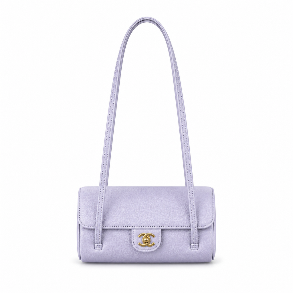 Chanel Vintage Cylinder Barrel Shoulder Bag Lavender Purple Smooth Leather Gold CC Turn-Lock Double Strap 25.5cm