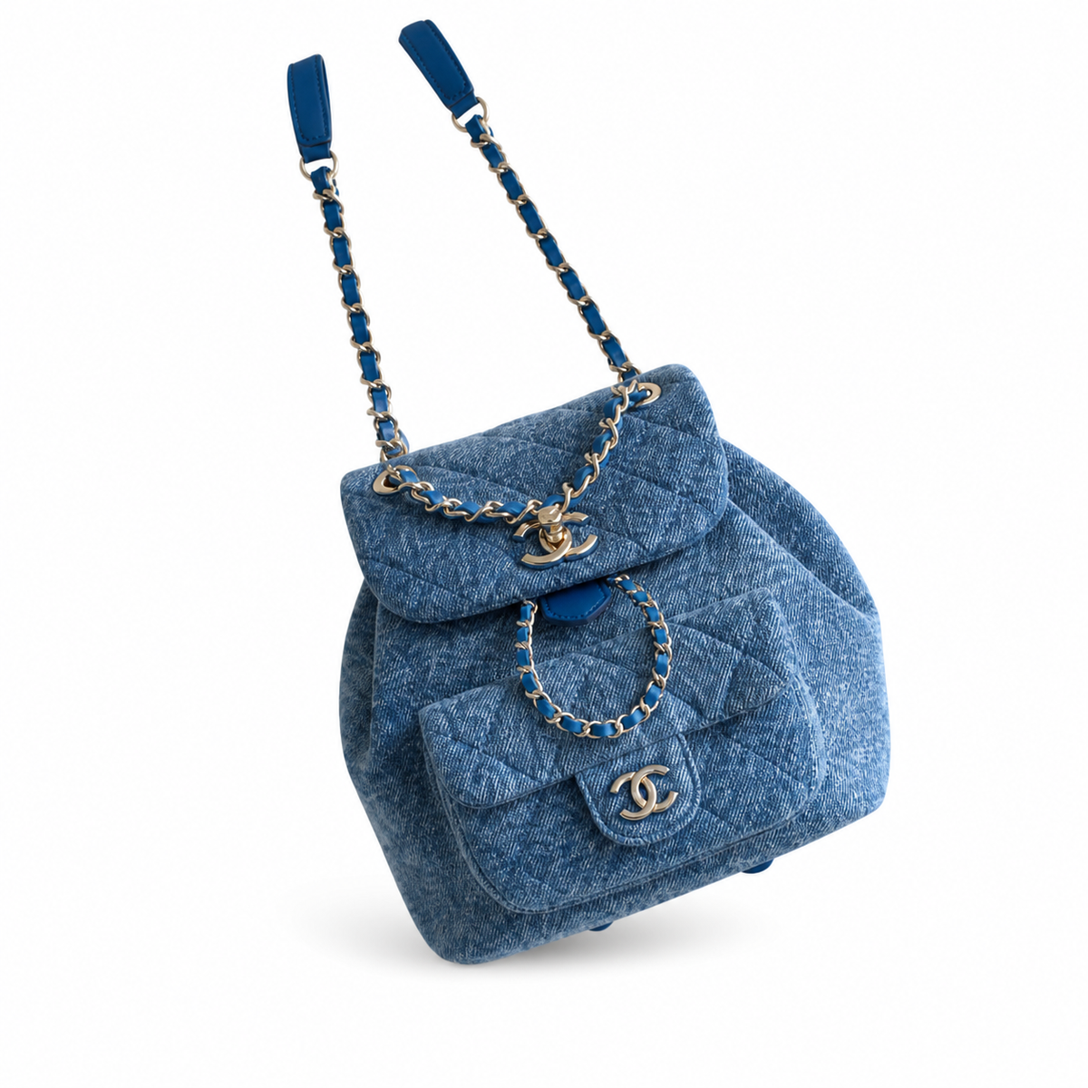 Chanel Blue Denim Quilted Duma Backpack | Gold CC Turn-Lock | 18×18×12cm