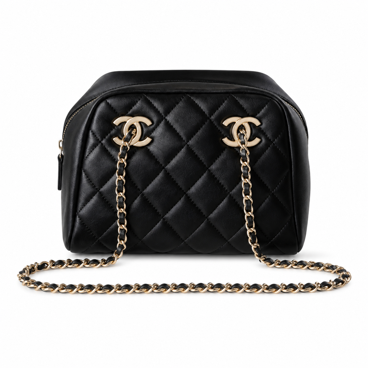 Chanel Black Quilted Lambskin Dual CC Camera Bag Gold Chain Crossbody