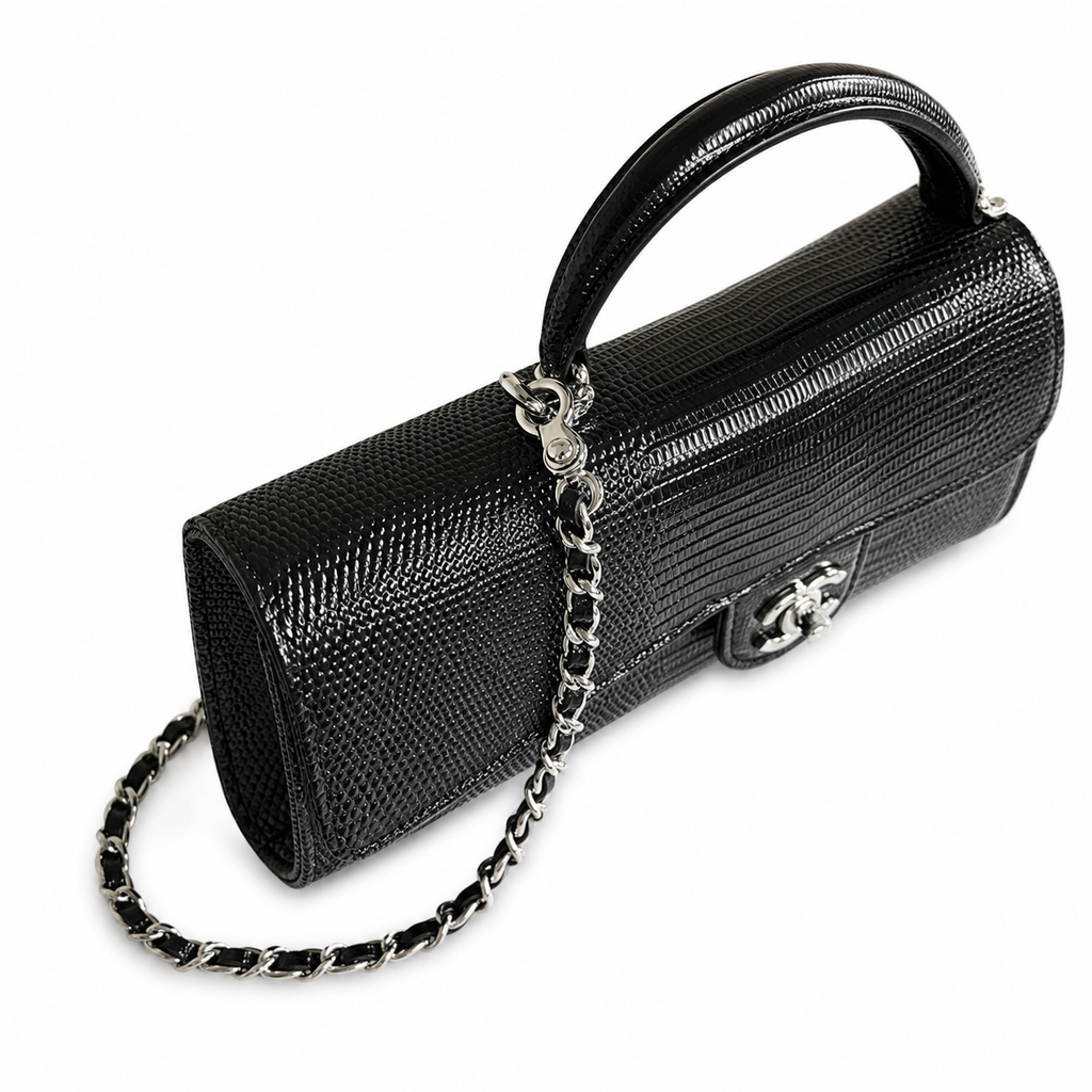 Chanel Black Lizard-Embossed Baguette Flap Bag | Top Handle & Silver Chain