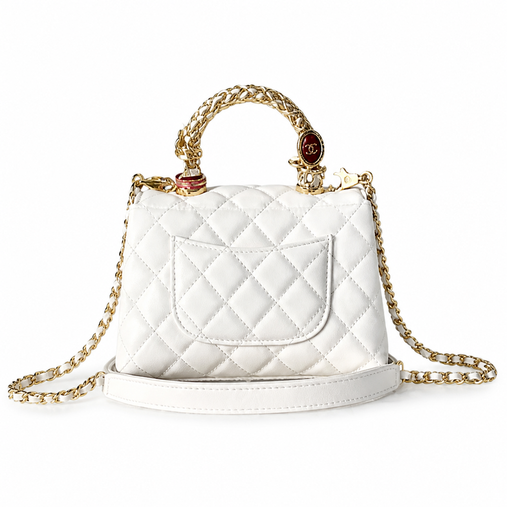 CHANEL White Quilted Lambskin Jewel Ring Top Handle Flap Chain Bag