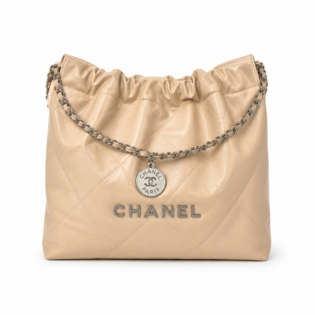 Chanel 22 Bag Large Beige Quilted Calfskin Silver Hardware 35cm