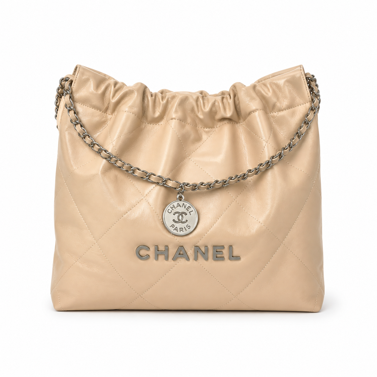 Chanel 22 Bag Large Beige Quilted Calfskin Silver Hardware 35cm