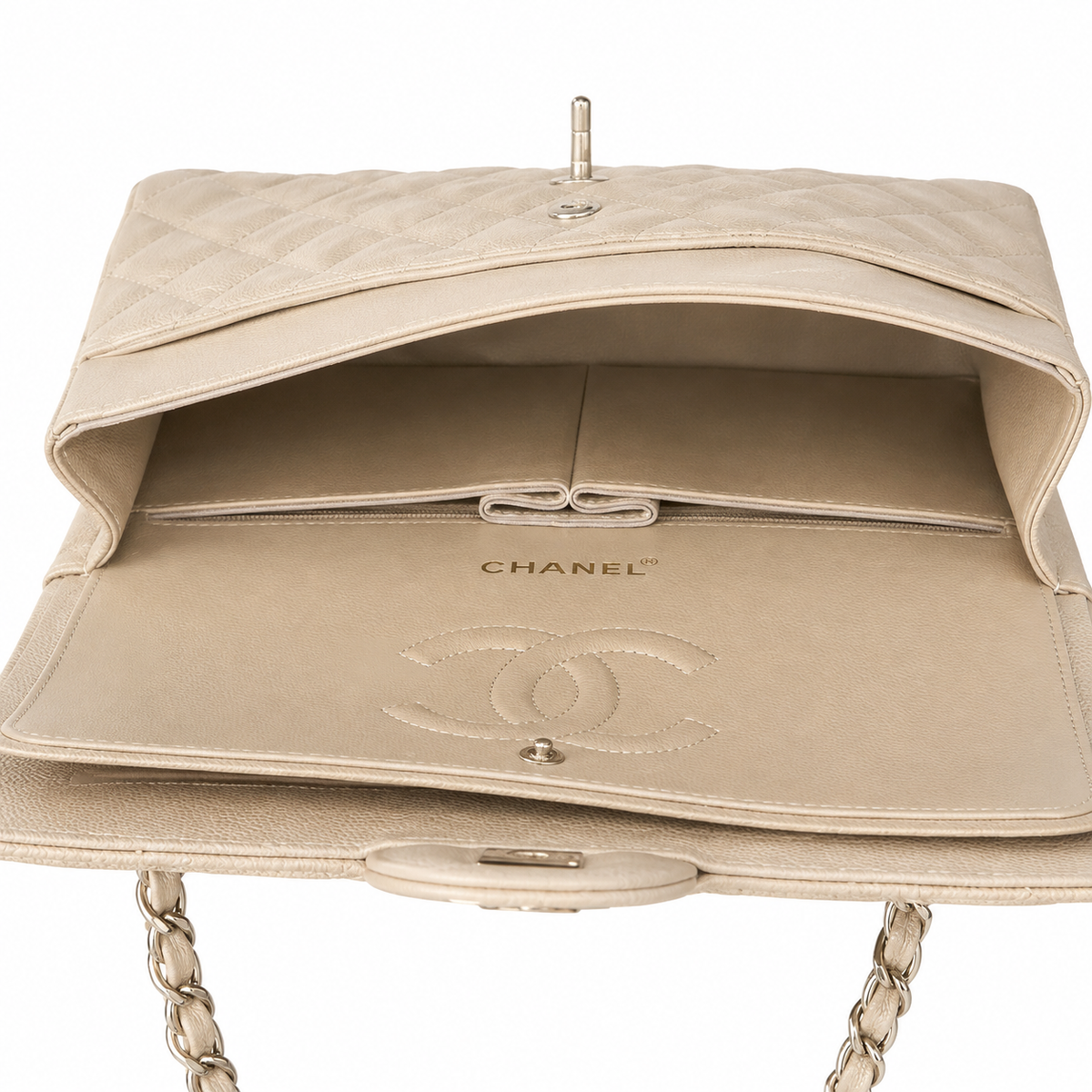 CHANEL Ivory Quilted Lambskin Medium Classic Double Flap Bag Silver Hardware