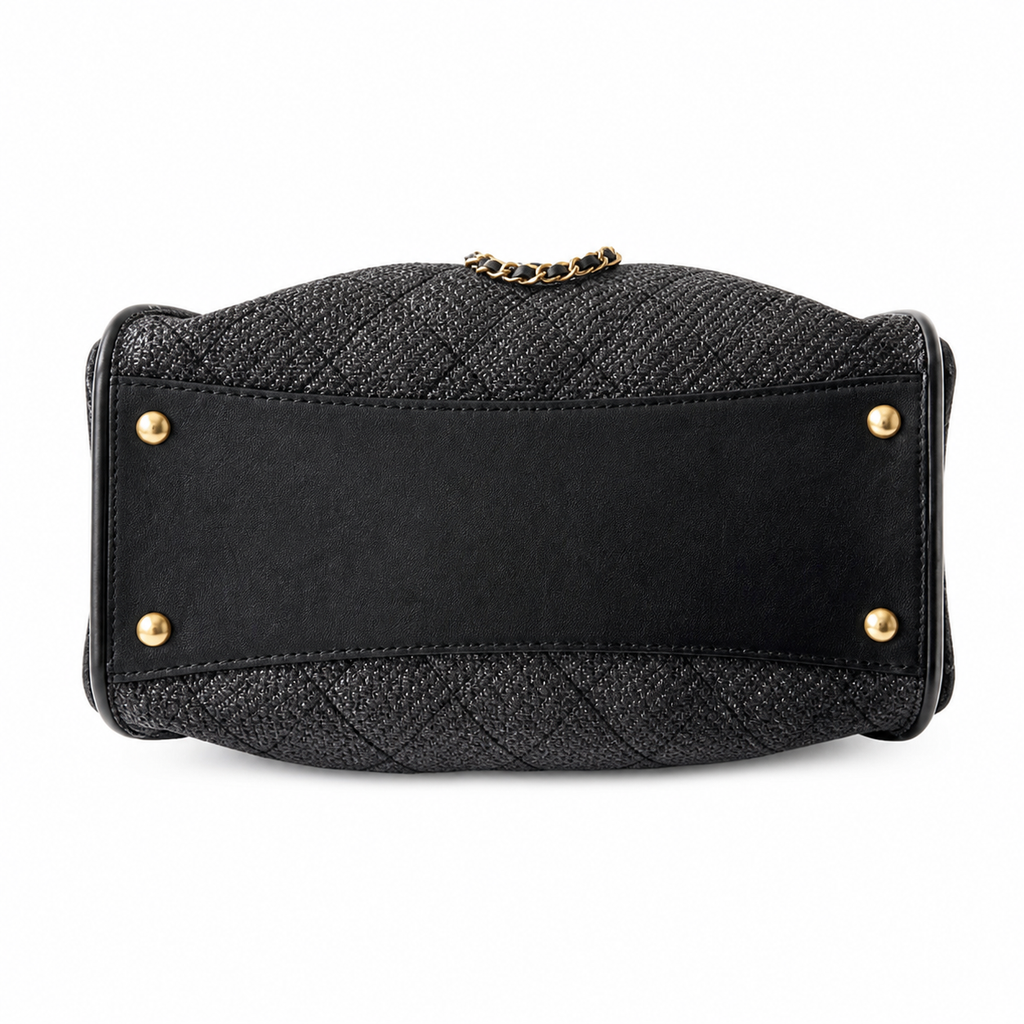 CHANEL Drawstring Bucket Bag – Black Caviar Leather White Trim Gold CC Chain 26×13.5×30cm
