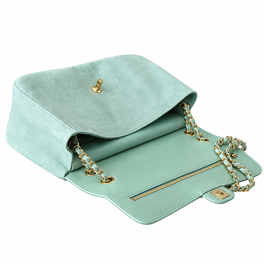CHANEL Classic Double Flap Shoulder Bag – Mint Green Suede Aged Gold Hardware Jumbo 38.5×26×11cm