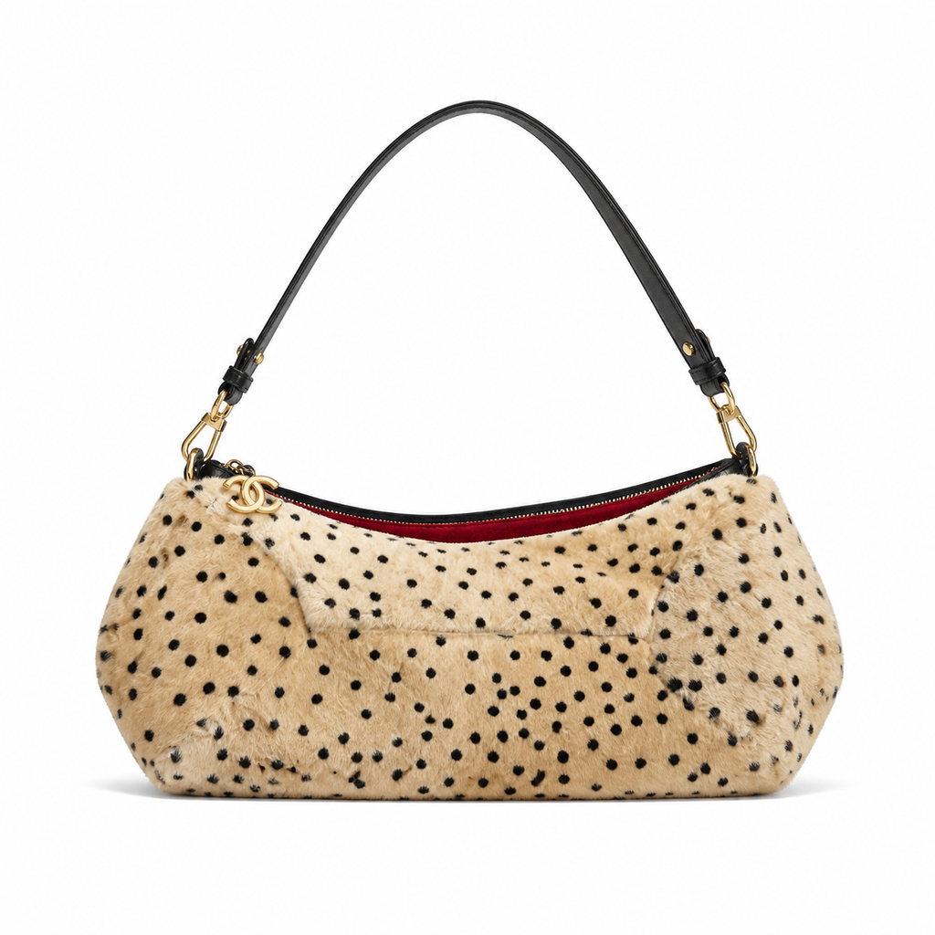 Chanel Vintage Polka Dot Faux Fur Flap Shoulder Bag Top Handle Black Leather Trim Gold CC Turn-Lock Burgundy Interior 36cm