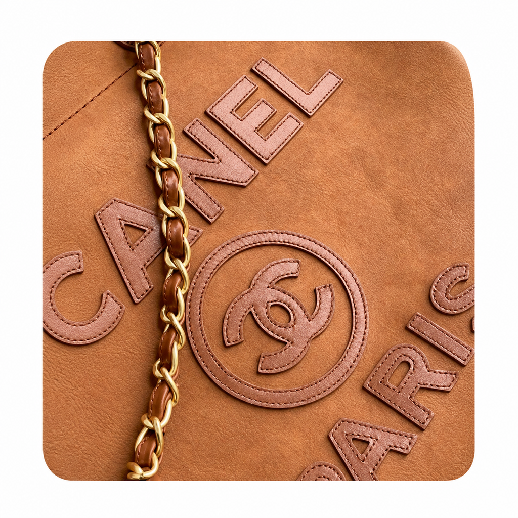 CHANEL Deauville Shopping Tote – Caramel Brown Suede Ivory Shearling Trim Gold Hardware 38cm