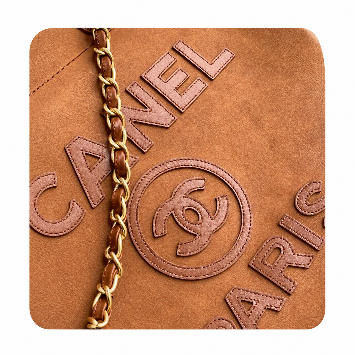 CHANEL Deauville Shopping Tote – Caramel Brown Suede Ivory Shearling Trim Gold Hardware 38cm