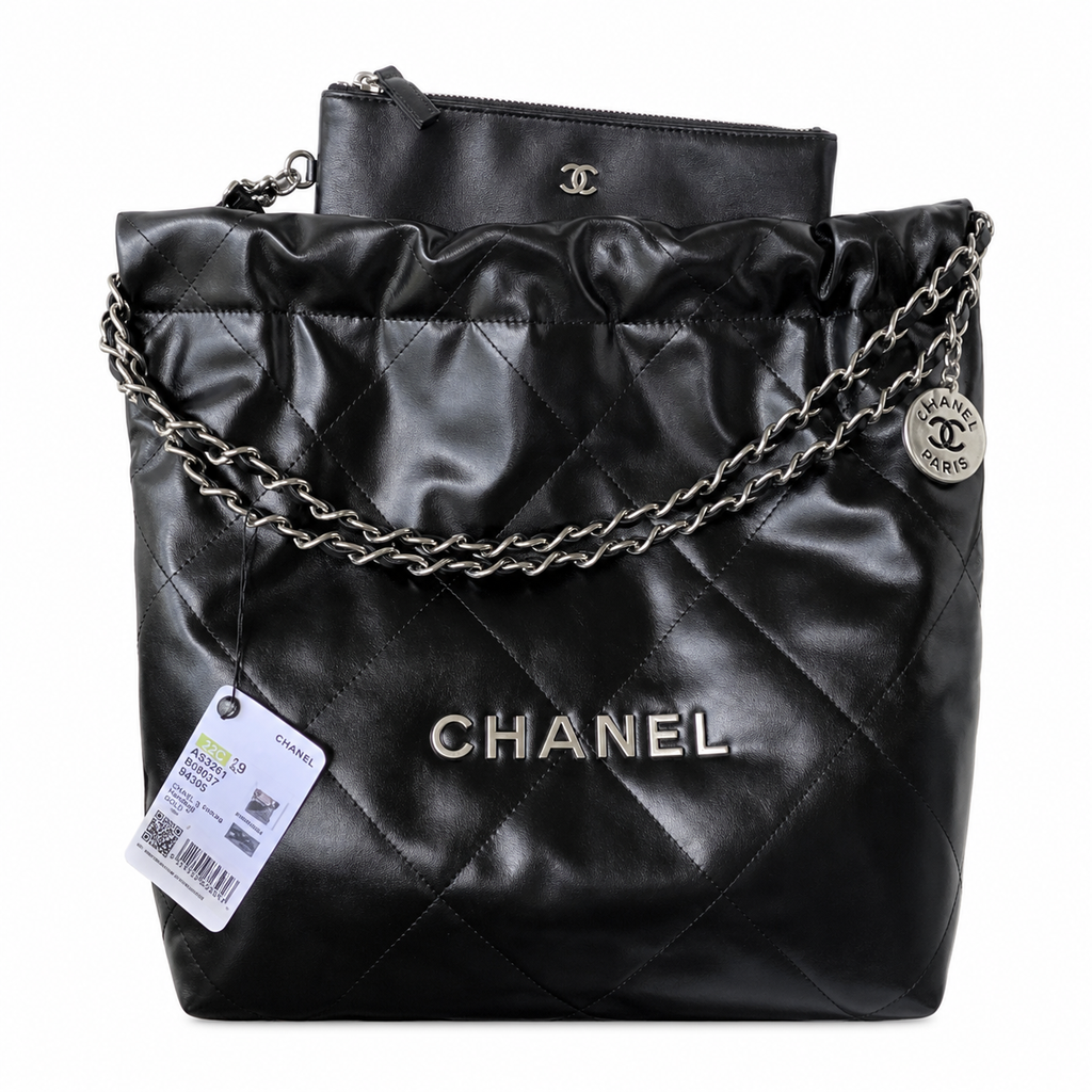 Chanel 22 Large Bag Black Shiny Calfskin Silver Chain CC Medallion 35cm