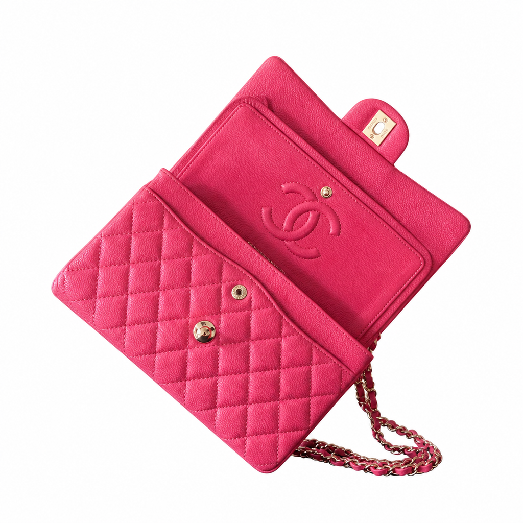 Chanel Classic Flap Bag Small Hot Pink Fuchsia Quilted Lambskin Gold CC Lock Double Chain 23cm