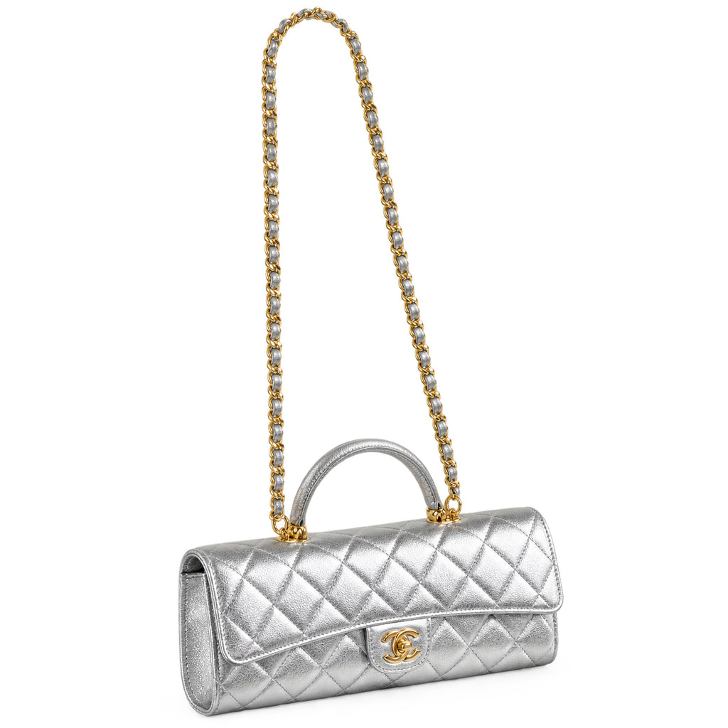Chanel Silver Quilted Metallic Leather Elongated Flap Bag | Gold CC Lock | 9.5×25×5cm