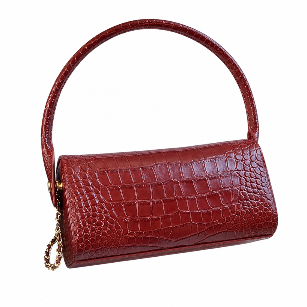 Chanel Burgundy Croc-Embossed Leather Barrel Flap Handbag | Gold CC | 11×23×12.5cm