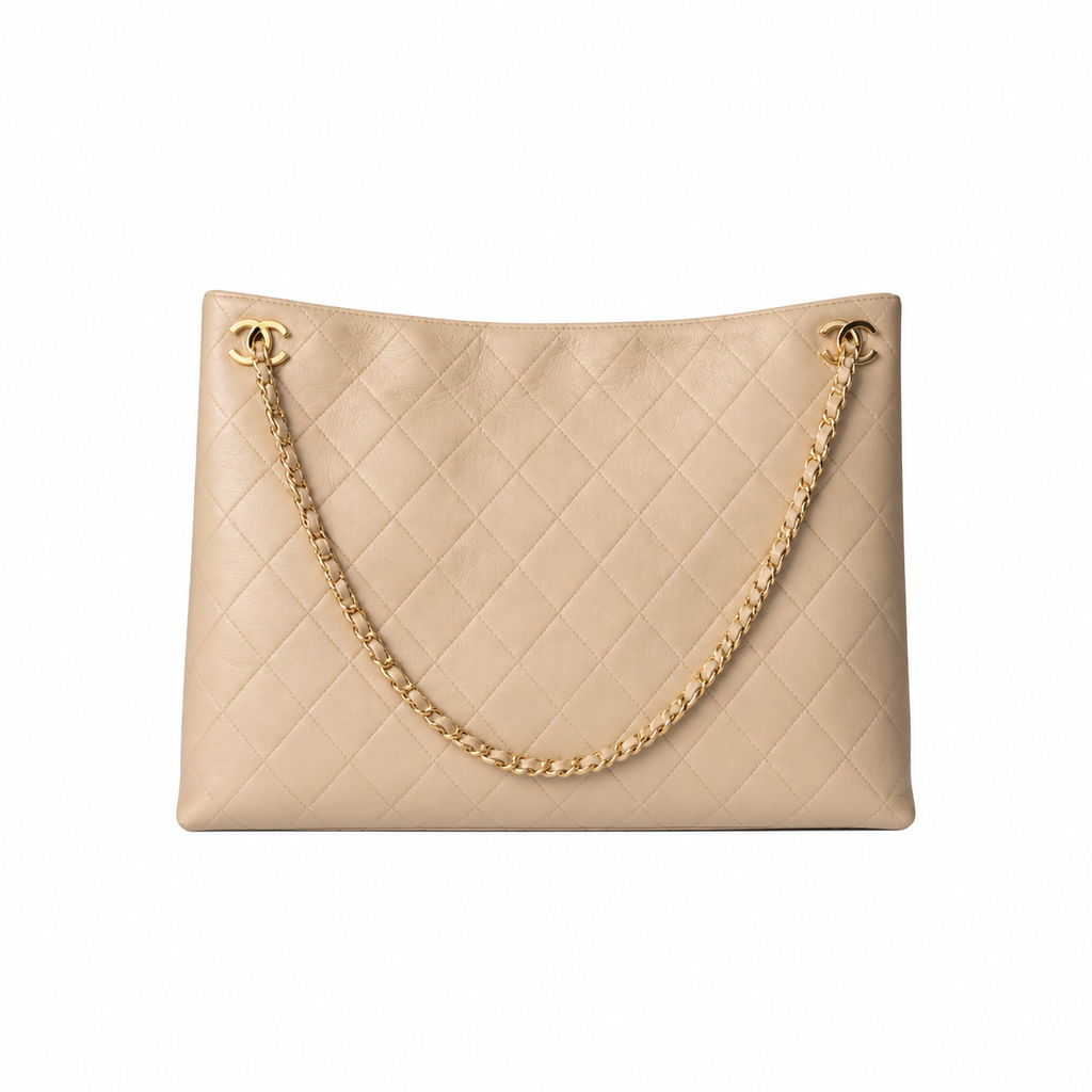 Chanel Vintage Quilted Beige Cream Lambskin Large Shopping Tote Dual CC Chain Ring Gold Hardware Open Top 40cm