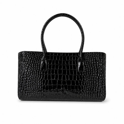CHANEL Black Patent Croc-Embossed Leather Large Tote Bag CC Turn-Lock