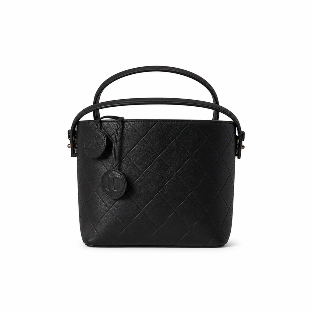 Chanel Black Quilted Leather Bucket Crossbody Bag | Leather CC Medallion | Top Handle & Strap | 20×18×12cm