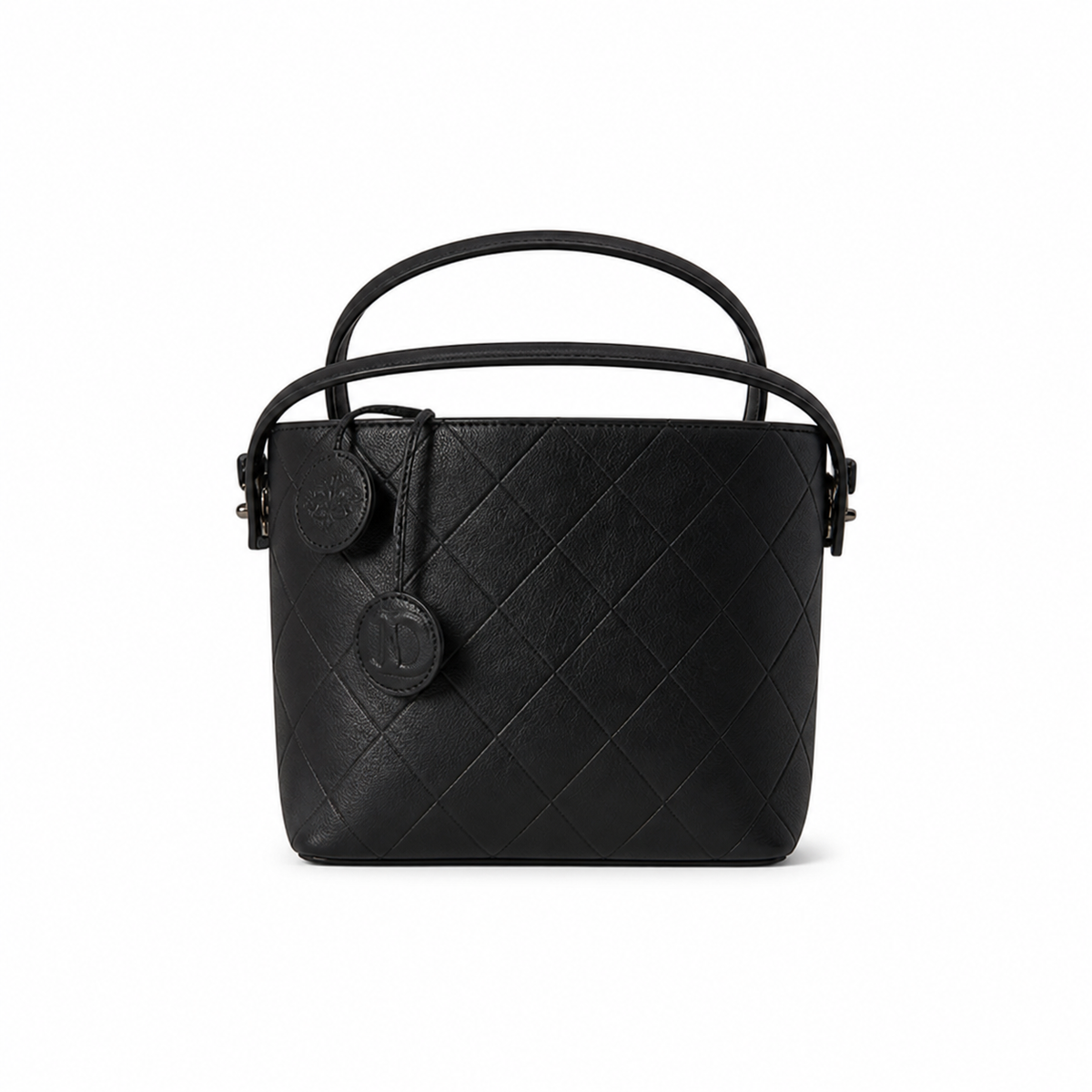 Chanel Black Quilted Leather Bucket Crossbody Bag | Leather CC Medallion | Top Handle & Strap | 20×18×12cm