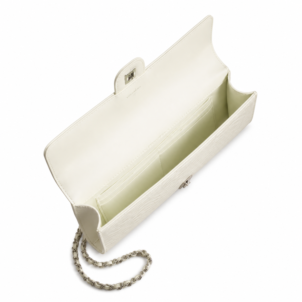 Chanel White Textured Leather Elongated Flap Crossbody Bag | Silver CC Lock | 9.5×25×5cm