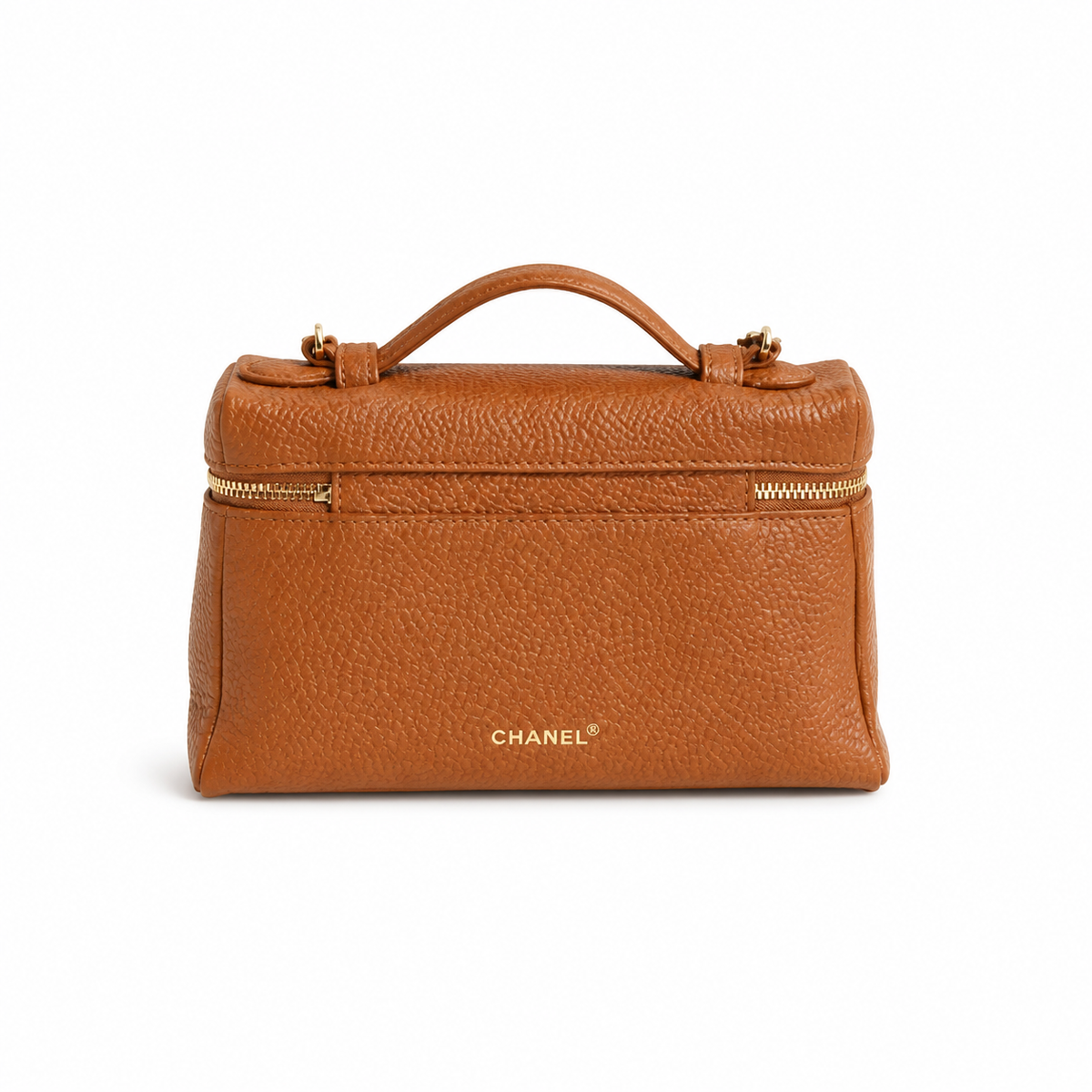 CHANEL Caramel Brown Caviar Leather Vanity Case Top Handle Chain Bag