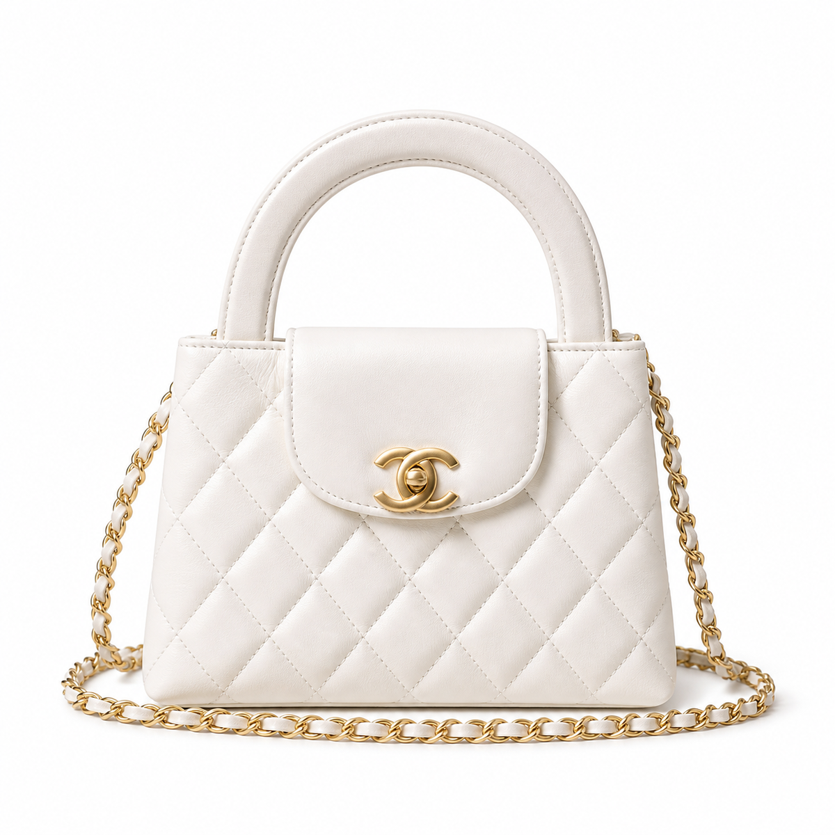 Chanel Off-White Quilted Lambskin Mini Kelly Top Handle Bag Aged Gold CC Chain
