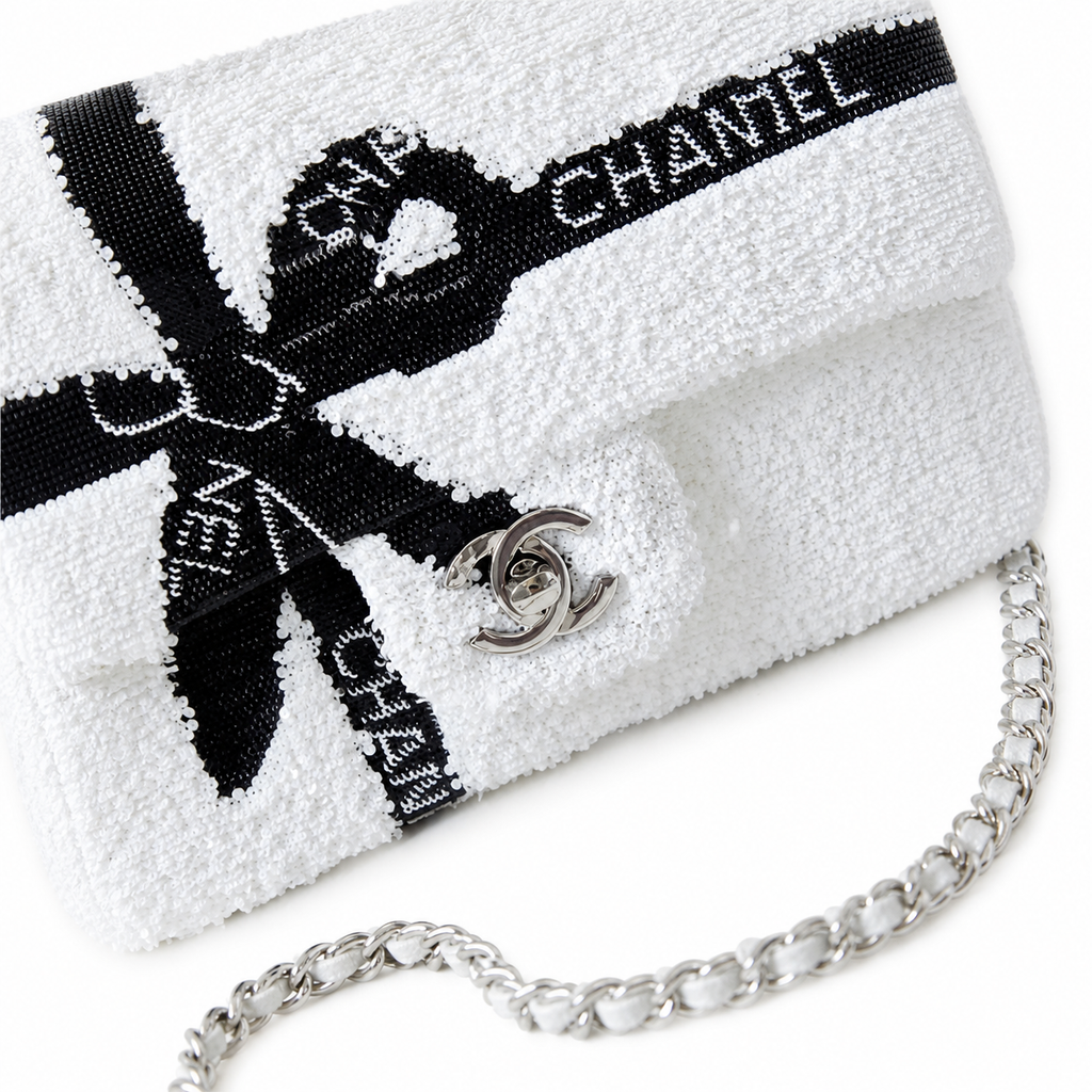 Chanel White Sequin Black Bow Embroidered Flap Bag Silver Chain