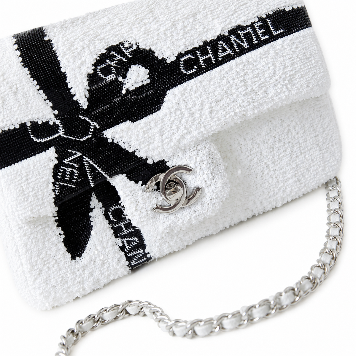 Chanel White Sequin Black Bow Embroidered Flap Bag Silver Chain