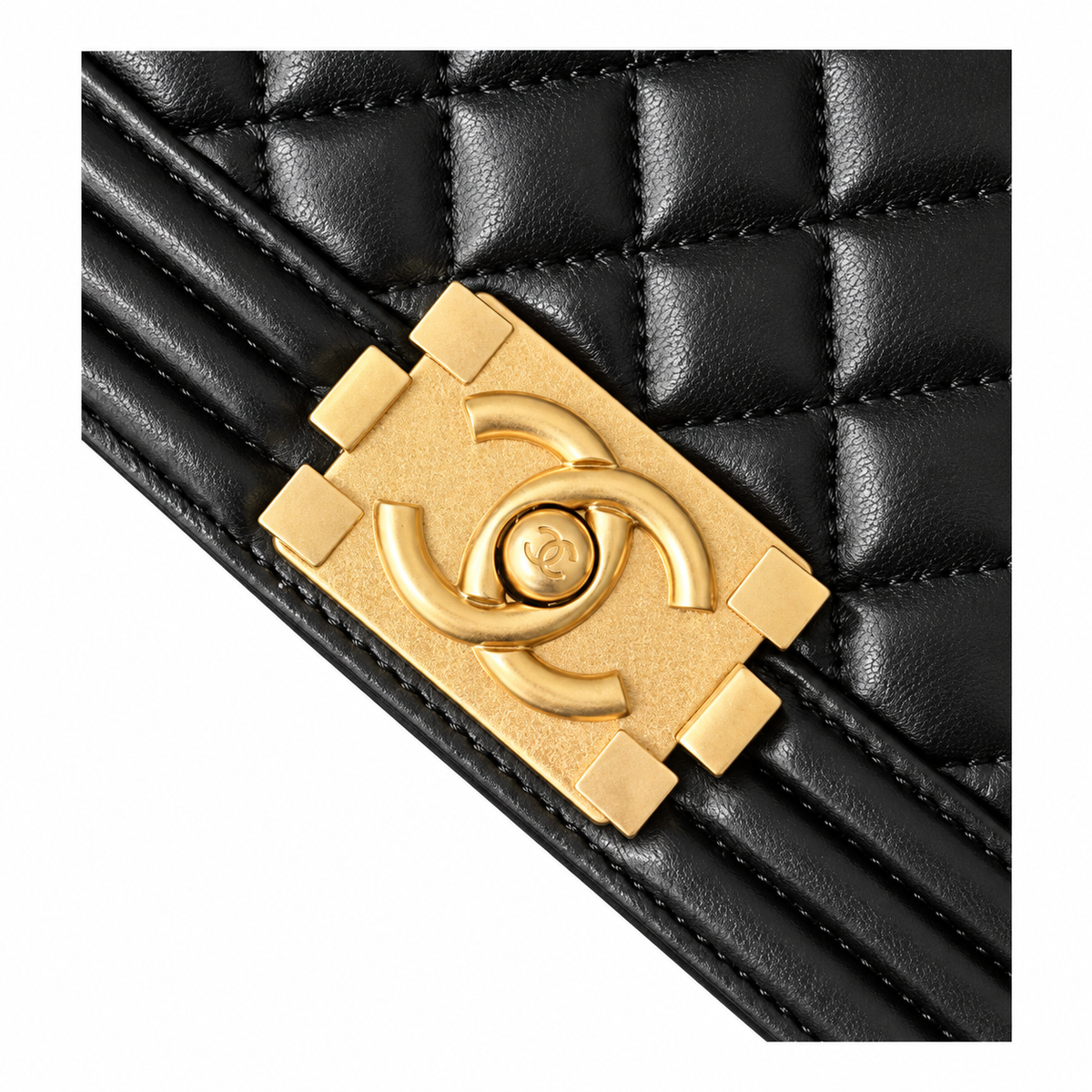 Chanel Boy Bag Small Black Quilted Lambskin Aged Gold Hardware Chunky Chain CHANEL Logo Plate 20cm