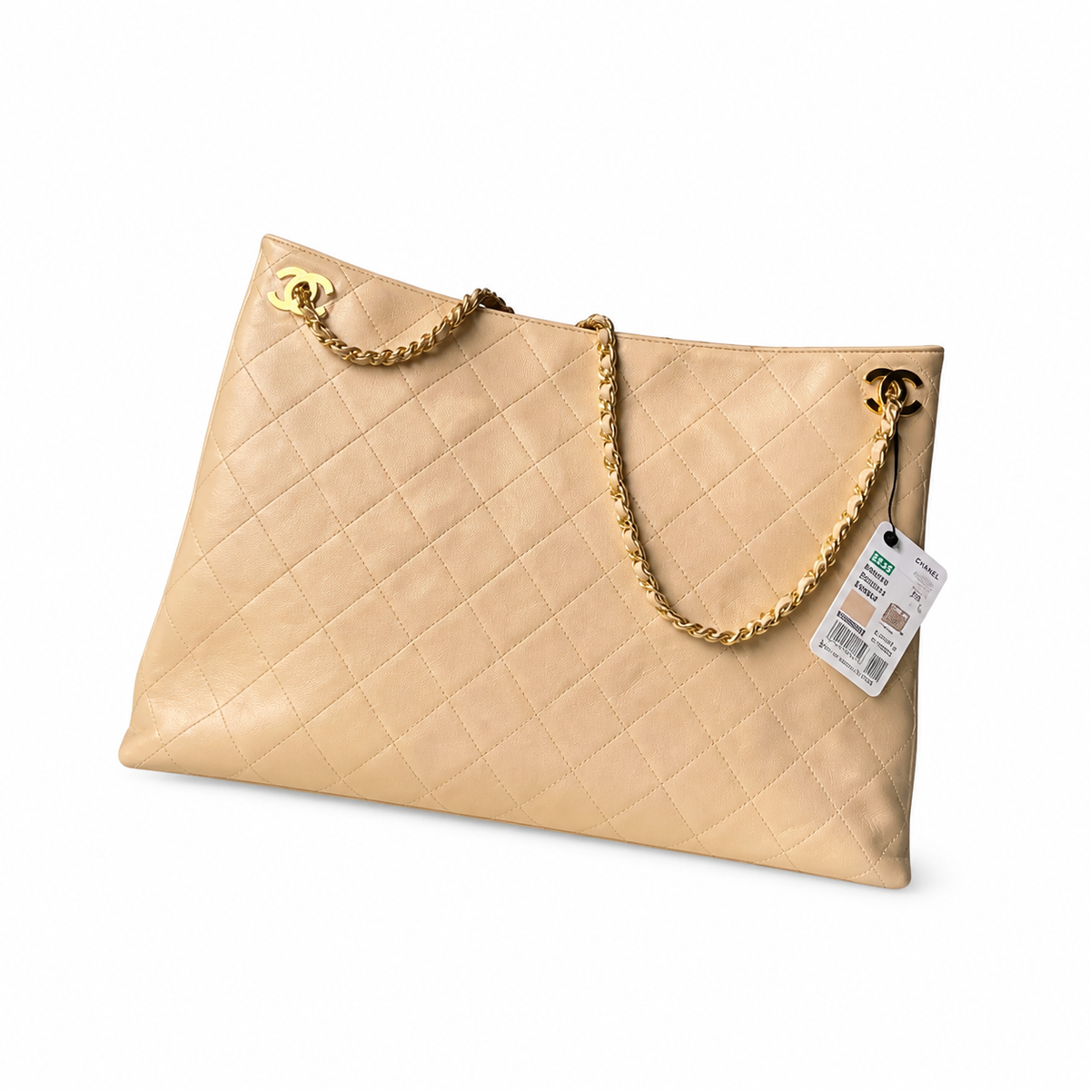 Chanel Vintage Quilted Beige Cream Lambskin Large Shopping Tote Dual CC Chain Ring Gold Hardware Open Top 40cm