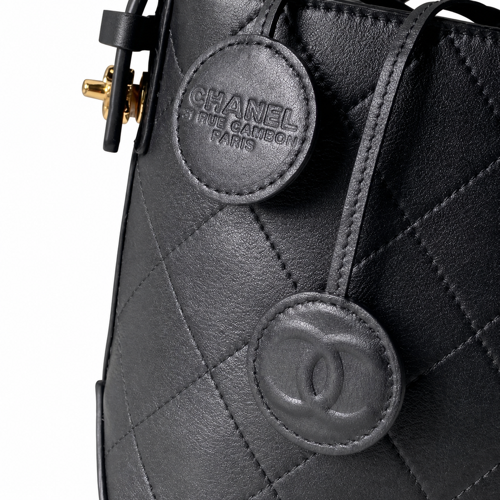 Chanel Black Quilted Leather Bucket Crossbody Bag | Leather CC Medallion | Top Handle & Strap | 20×18×12cm