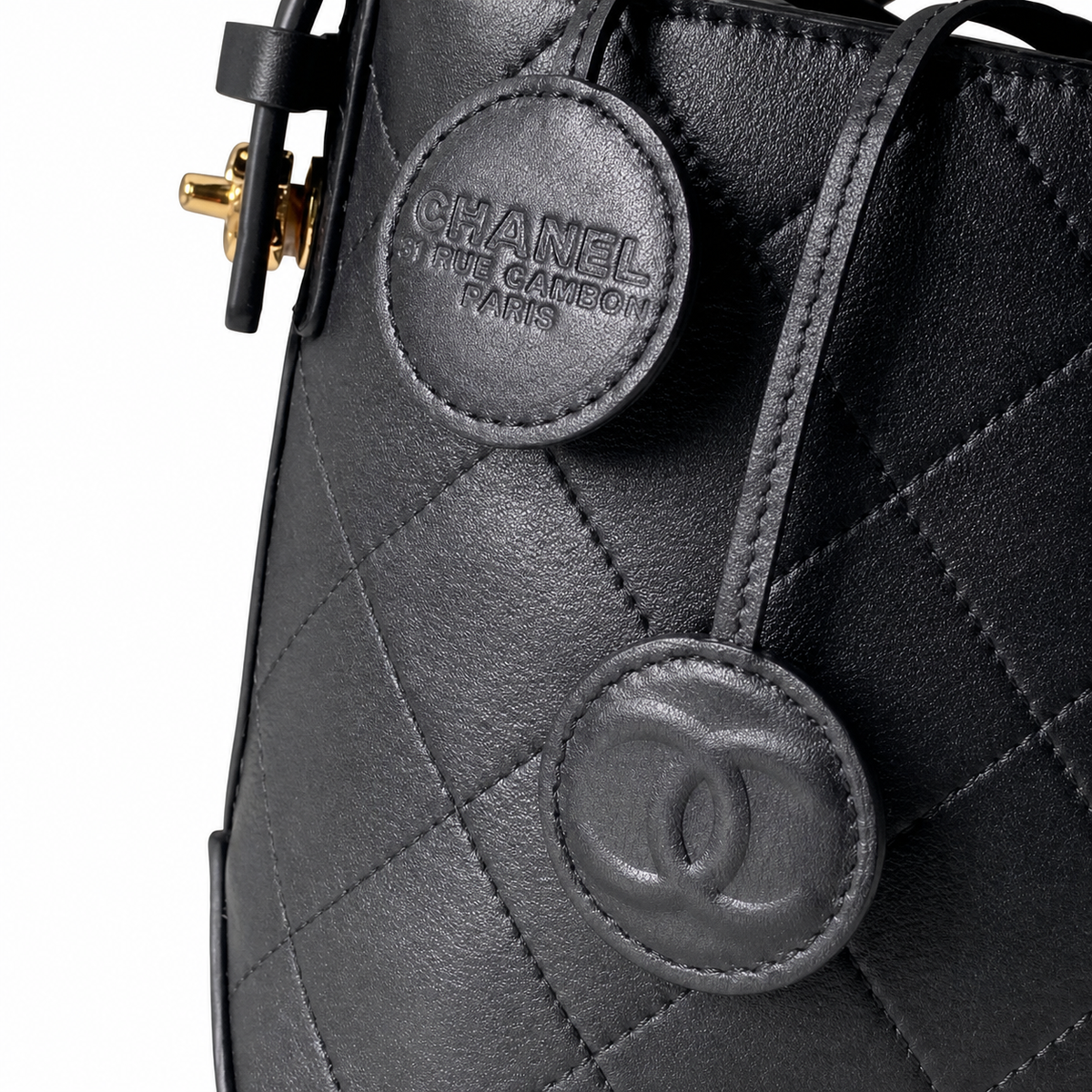 Chanel Black Quilted Leather Bucket Crossbody Bag | Leather CC Medallion | Top Handle & Strap | 20×18×12cm