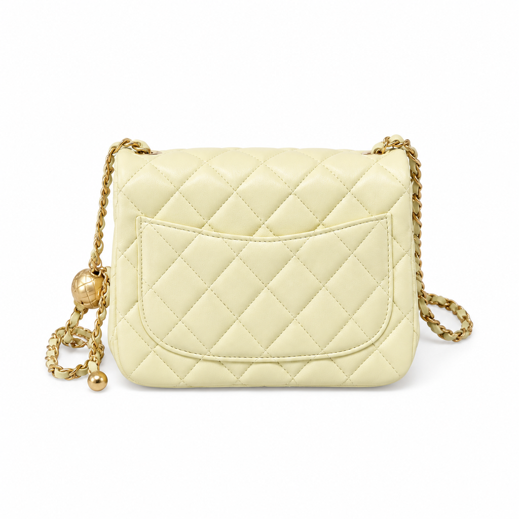 Chanel Pearl Crush Mini Square Flap Bag Cream Lambskin Gold Pearl Chain 18cm