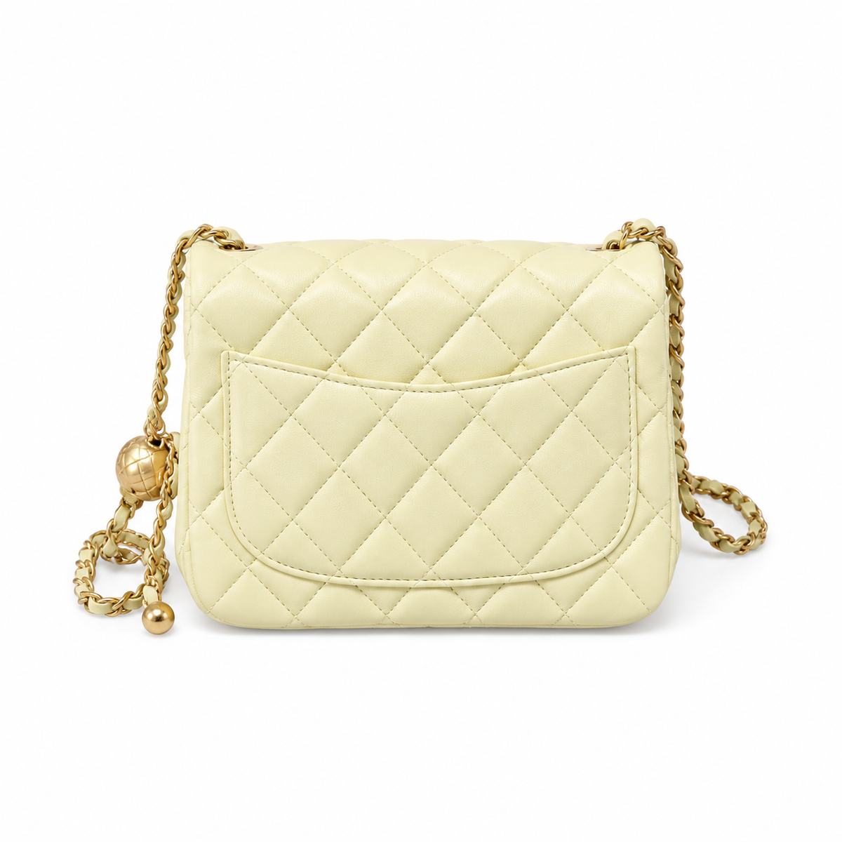 Chanel Pearl Crush Mini Square Flap Bag Cream Lambskin Gold Pearl Chain 18cm