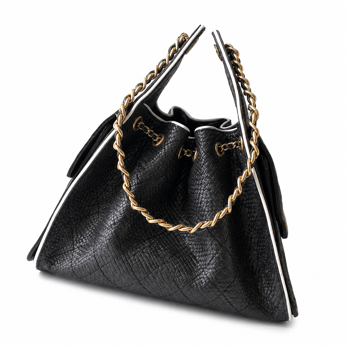 CHANEL Drawstring Bucket Bag – Black Caviar Leather White Trim Gold CC Chain 26×13.5×30cm