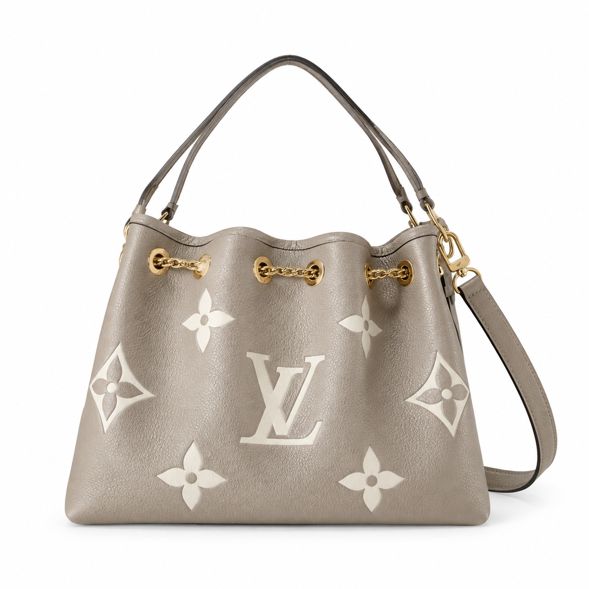 Louis Vuitton NéoNoé MM — Tourterelle Grey Giant Empreinte, Gold Chain & Single Grey Handle