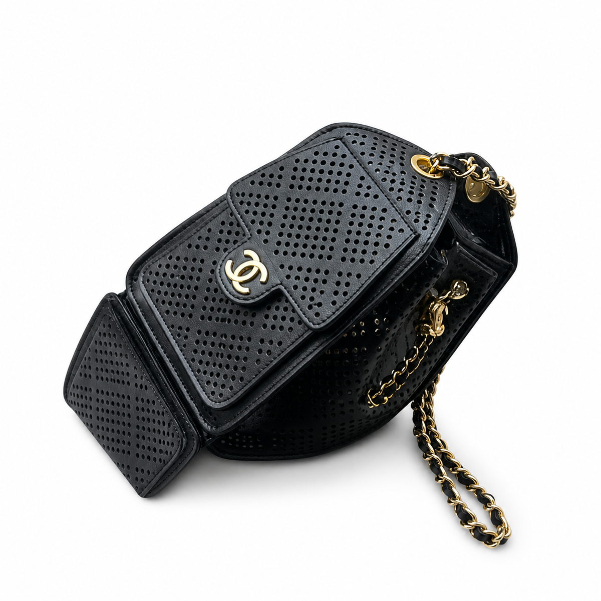 Chanel Black Perforated Leather Drawstring Bucket Bag Antique Gold