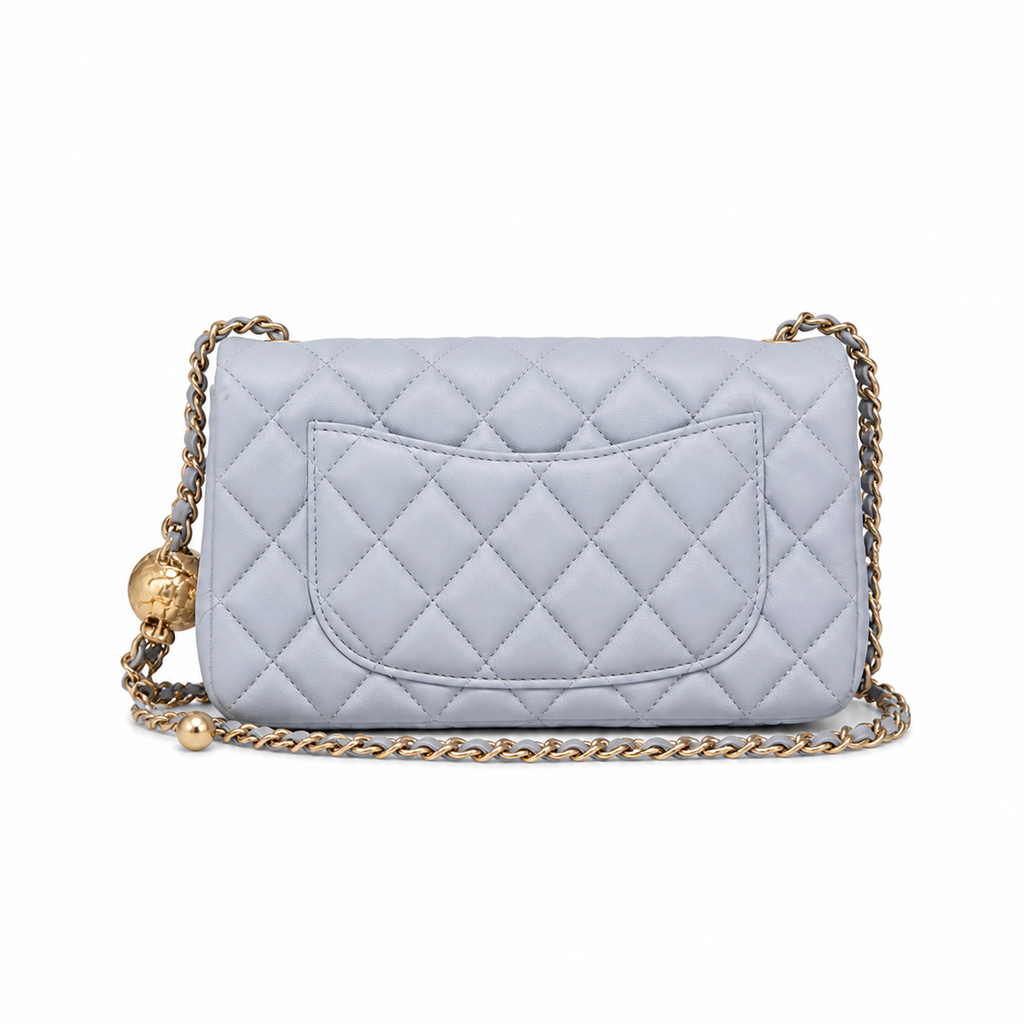 Chanel Pearl Crush Mini Flap Bag Powder Blue Lambskin Gold CC Turn-Lock Ball Charm Chain 20cm