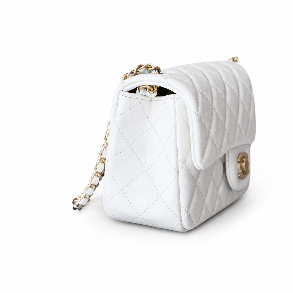 Chanel Classic Mini Square Flap Bag White Quilted Lambskin Antique Gold CC Turn-Lock Chain 20cm