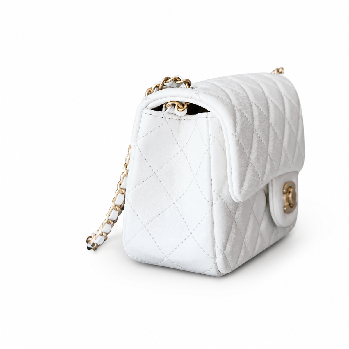 Chanel Classic Mini Square Flap Bag White Quilted Lambskin Antique Gold CC Turn-Lock Chain 20cm