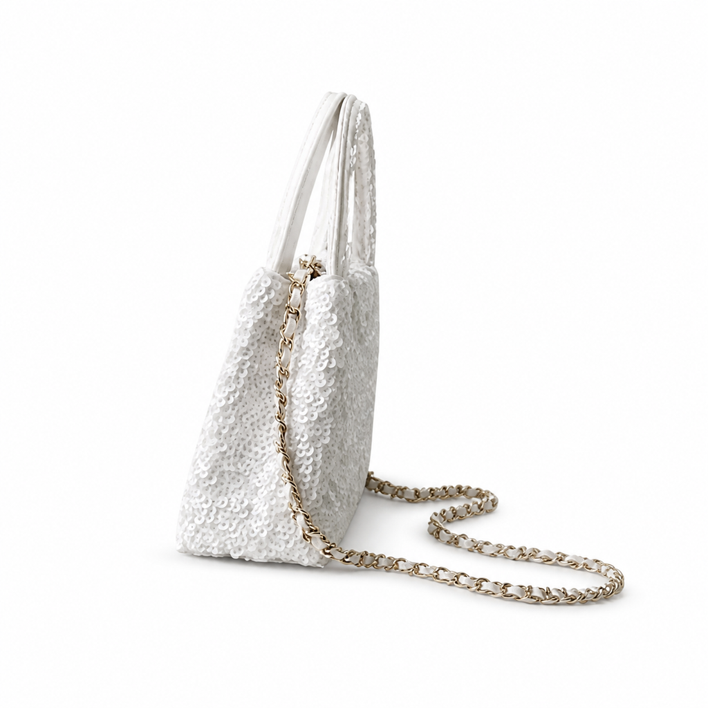 Chanel White Pearl Sequin Kelly Top Handle Bag Silver CC Chain Bridal Evening