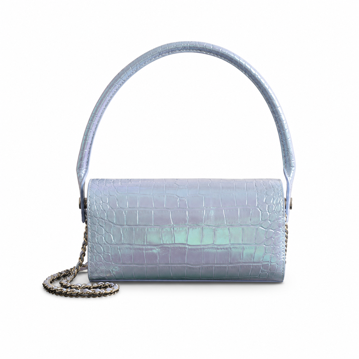 Chanel Iridescent Holographic Croc-Embossed Flap Bag | Gold CC | 11×23×12.5cm