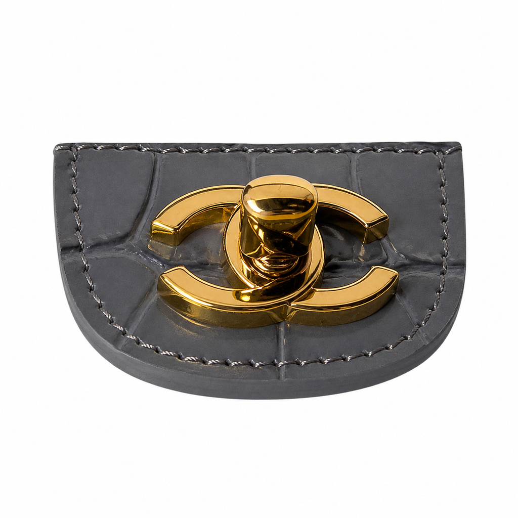 Chanel Flap Bag | Dark Grey Crocodile-Embossed Leather Top Handle & Gold Chain | 19.6cm