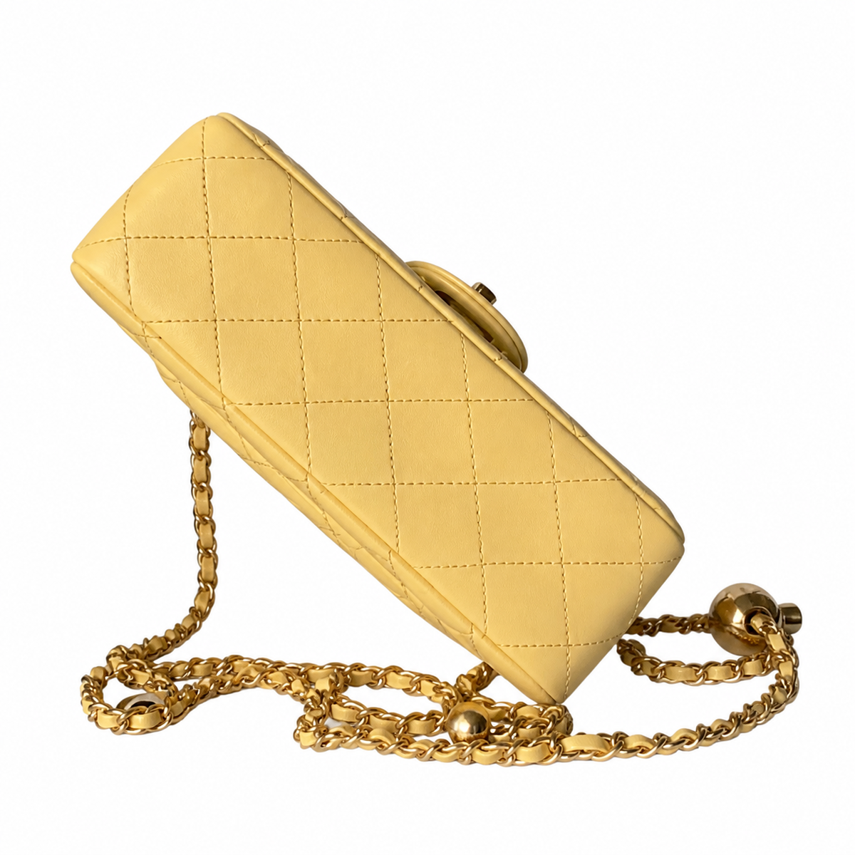 Chanel Pearl Crush Mini Flap Bag Butter Yellow Lambskin Aged Gold CC Turn-Lock Ball Charm Chain 20cm