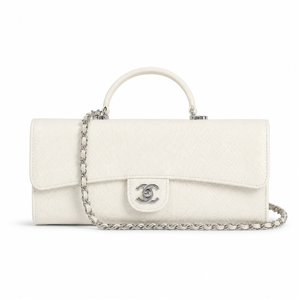 Chanel White Textured Leather Elongated Flap Crossbody Bag | Silver CC Lock | 9.5×25×5cm