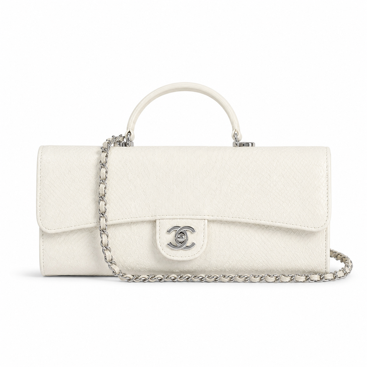 Chanel White Textured Leather Elongated Flap Crossbody Bag | Silver CC Lock | 9.5×25×5cm