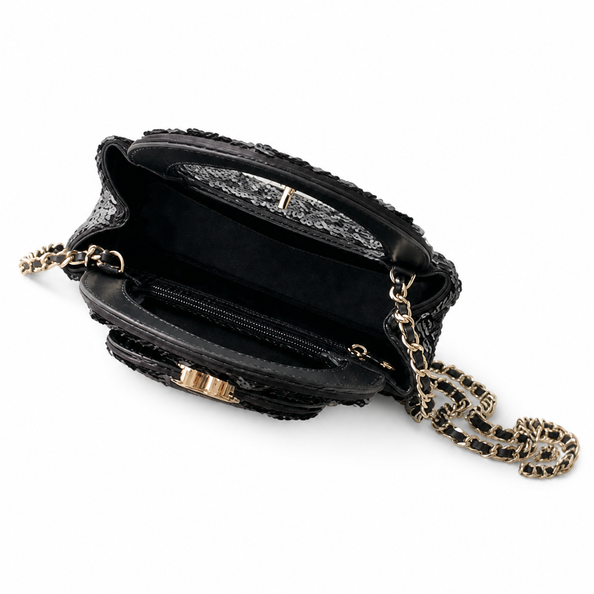Chanel Black Sequin Cylinder Roll Evening Bag Silver Chain Clutch Crossbody